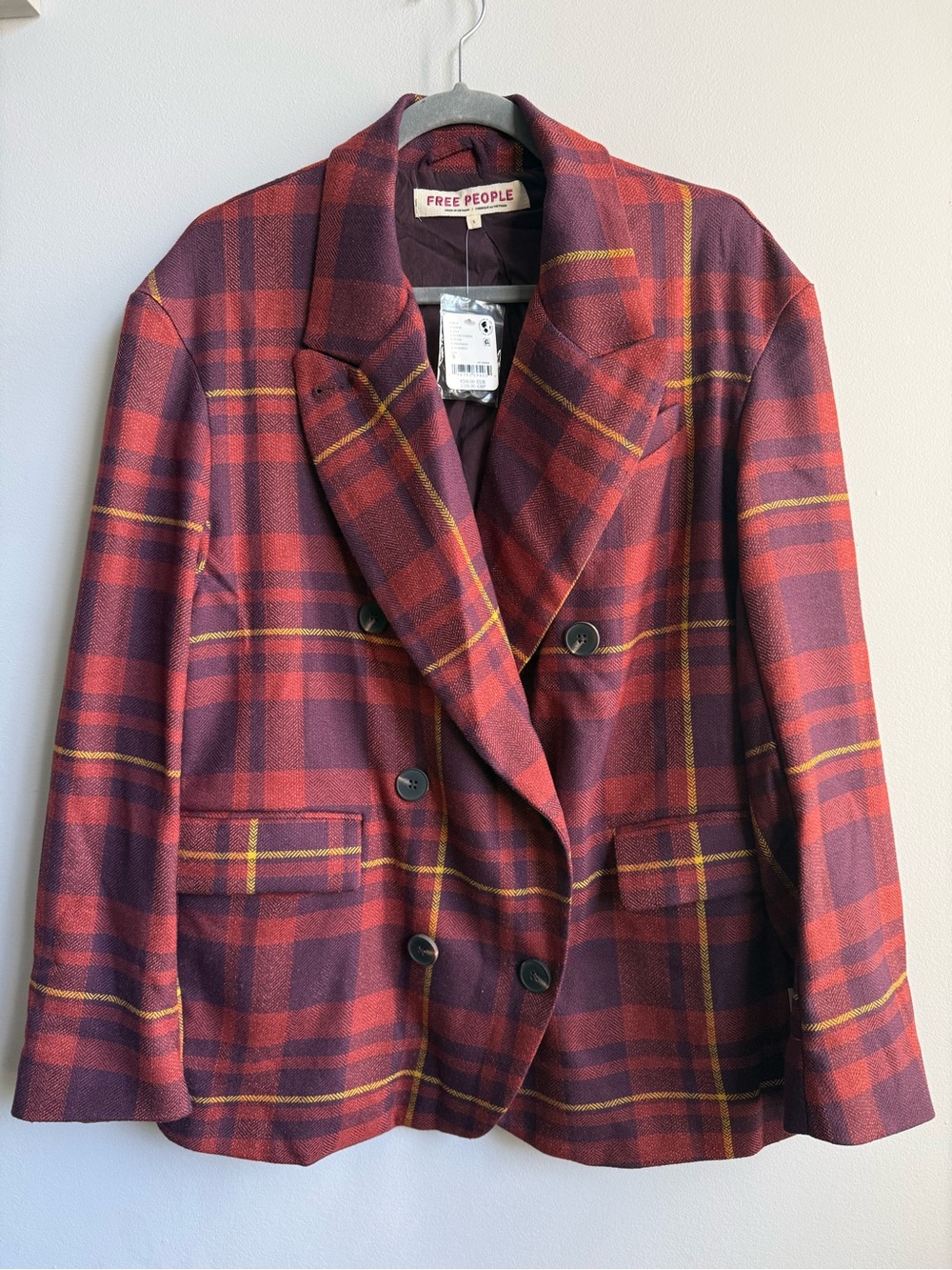 Free People Blazer Double Breasted Burgundy Plaid Jacket Oversized Relaxed Fit S - Picture 5 of 12
